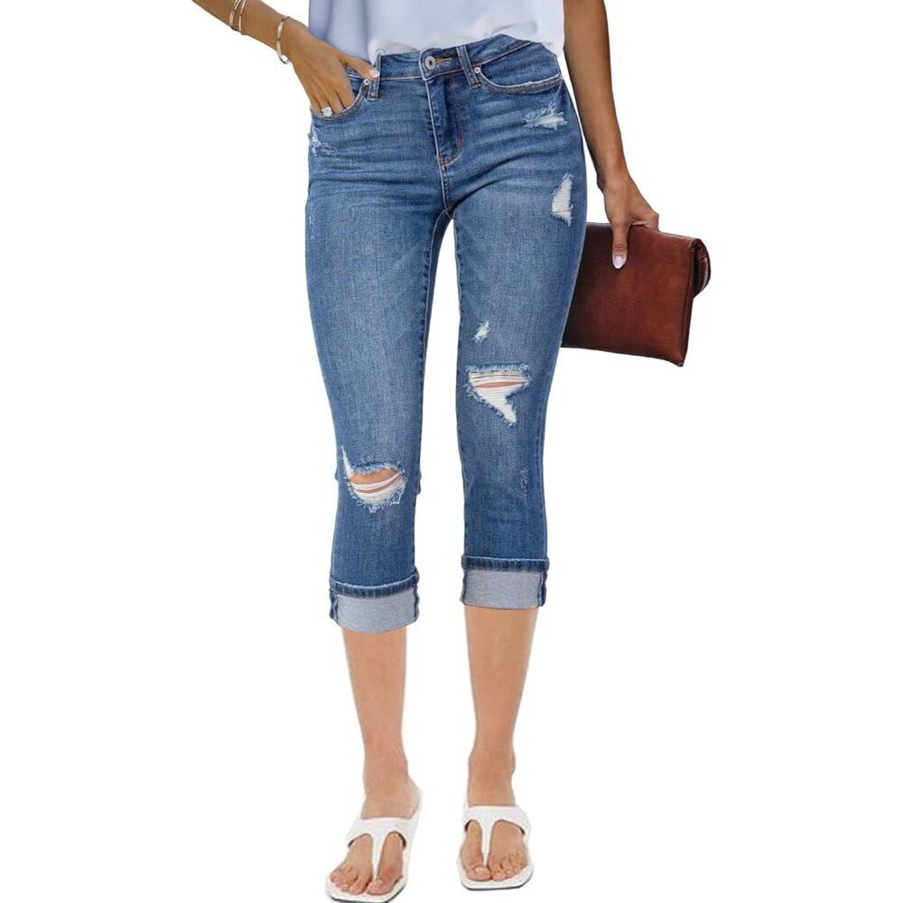Women’s Stretch High Waisted Cropped Denim Capris Ripped Skinny Pants